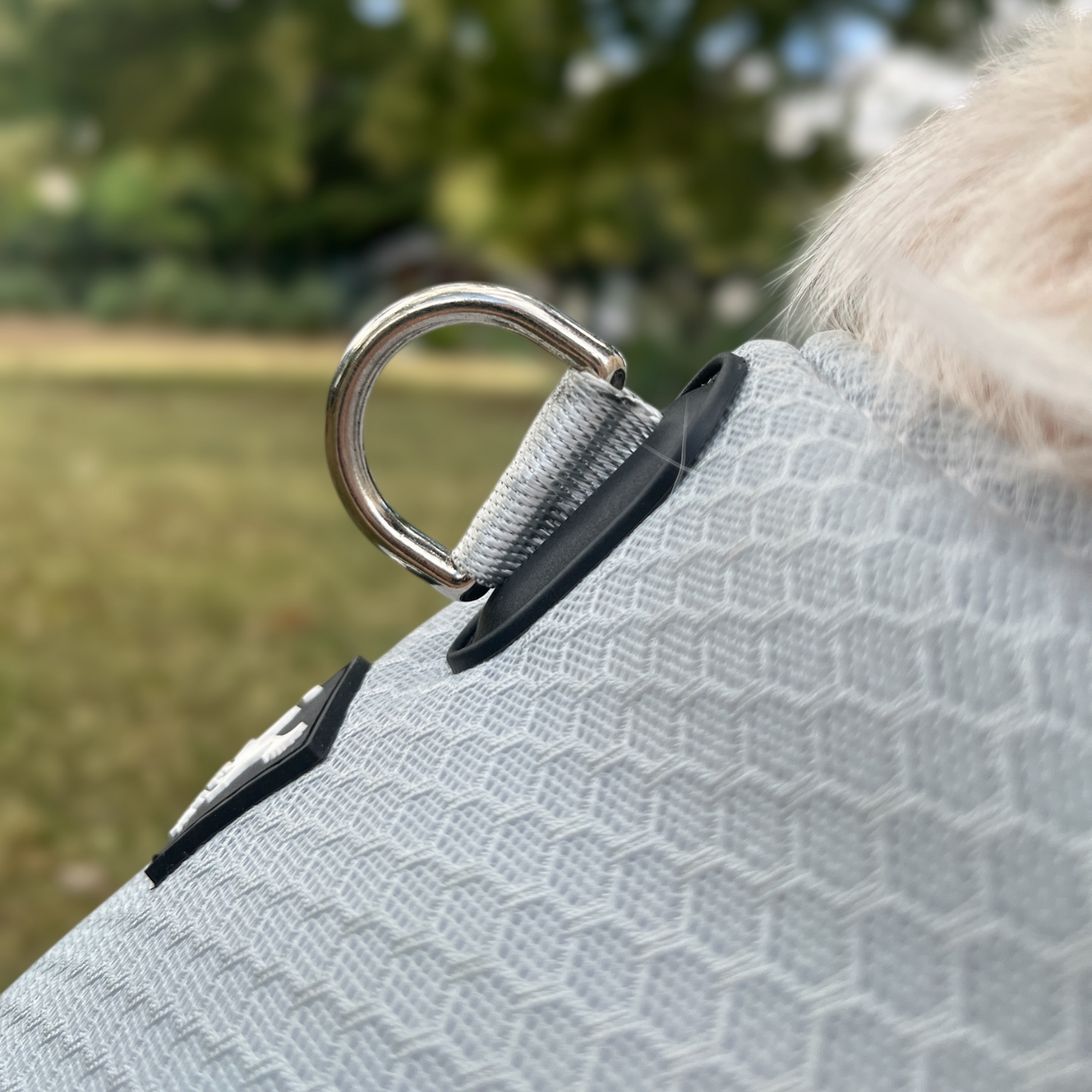 Attache dorsale intégrée du gilet rafraichissant OrkaDog, fixation directe à la laisse sans superposer un harnais.