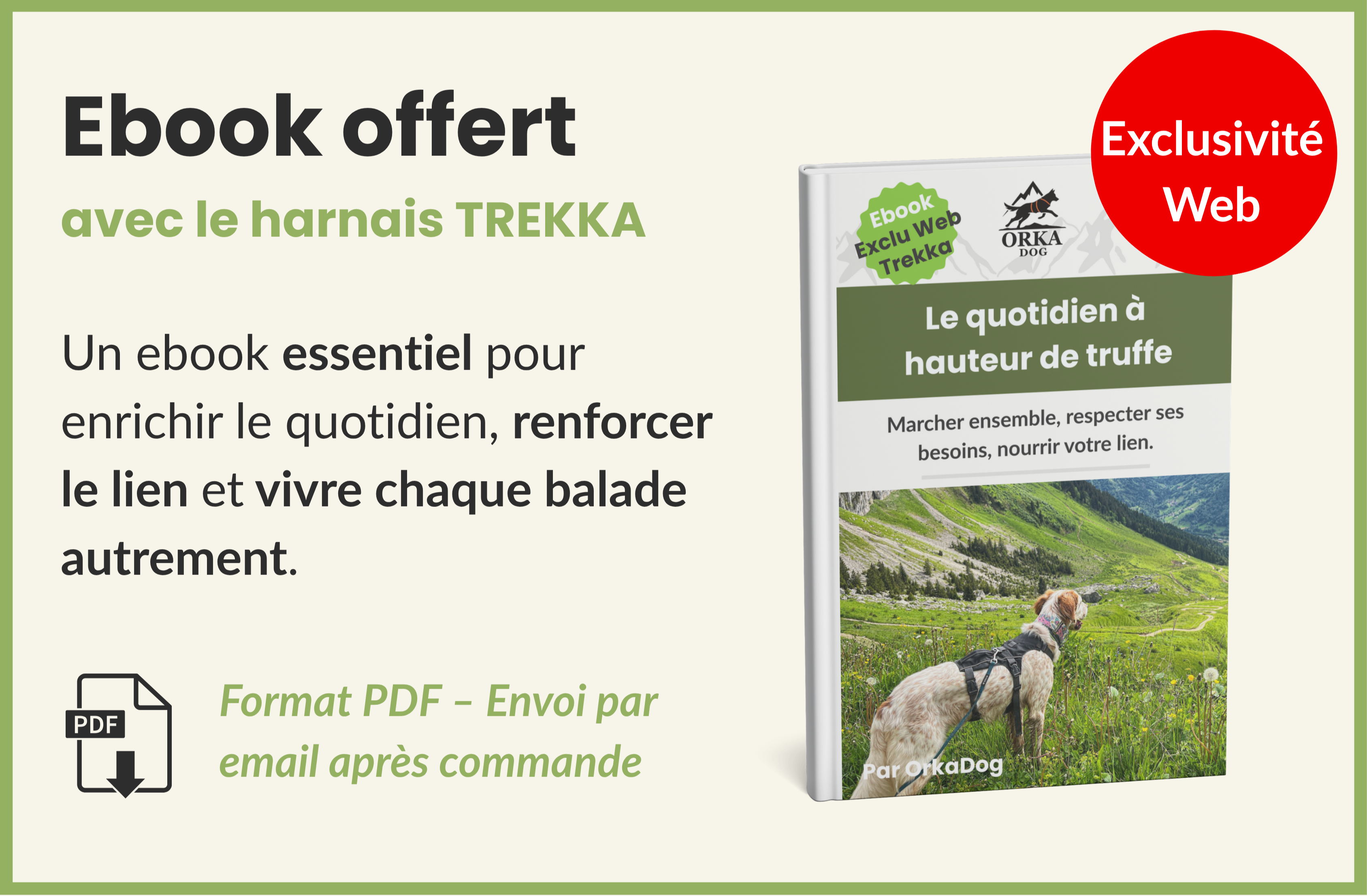 Visuel de l’e-book OrkaDog "Le quotidien à hauteur de truffe", offert avec le harnais Trekka. Un guide essentiel pour enrichir la relation humain-chien, mieux comprendre les besoins fondamentaux du chien et profiter pleinement des balades du quotidien.