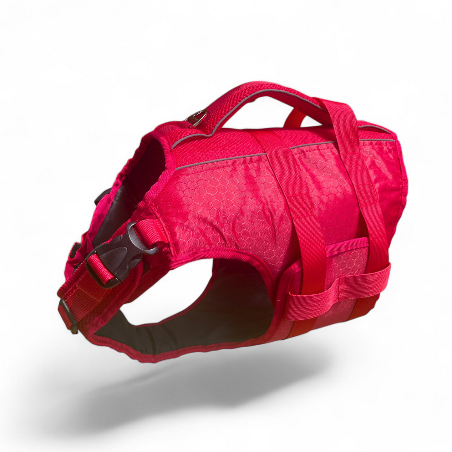 Vue produit du gilet de flottaison rouge Nautik OrkaDog, maintien sécurisé et design ergonomique.