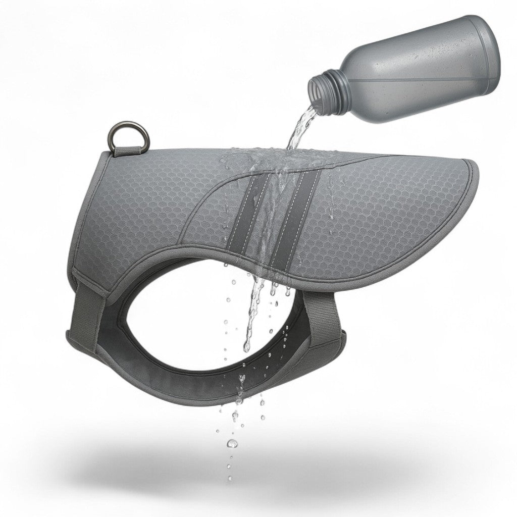 Activation du gilet rafraîchissant Tundra OrkaDog à l’eau, pour garder le chien au frais l’été.