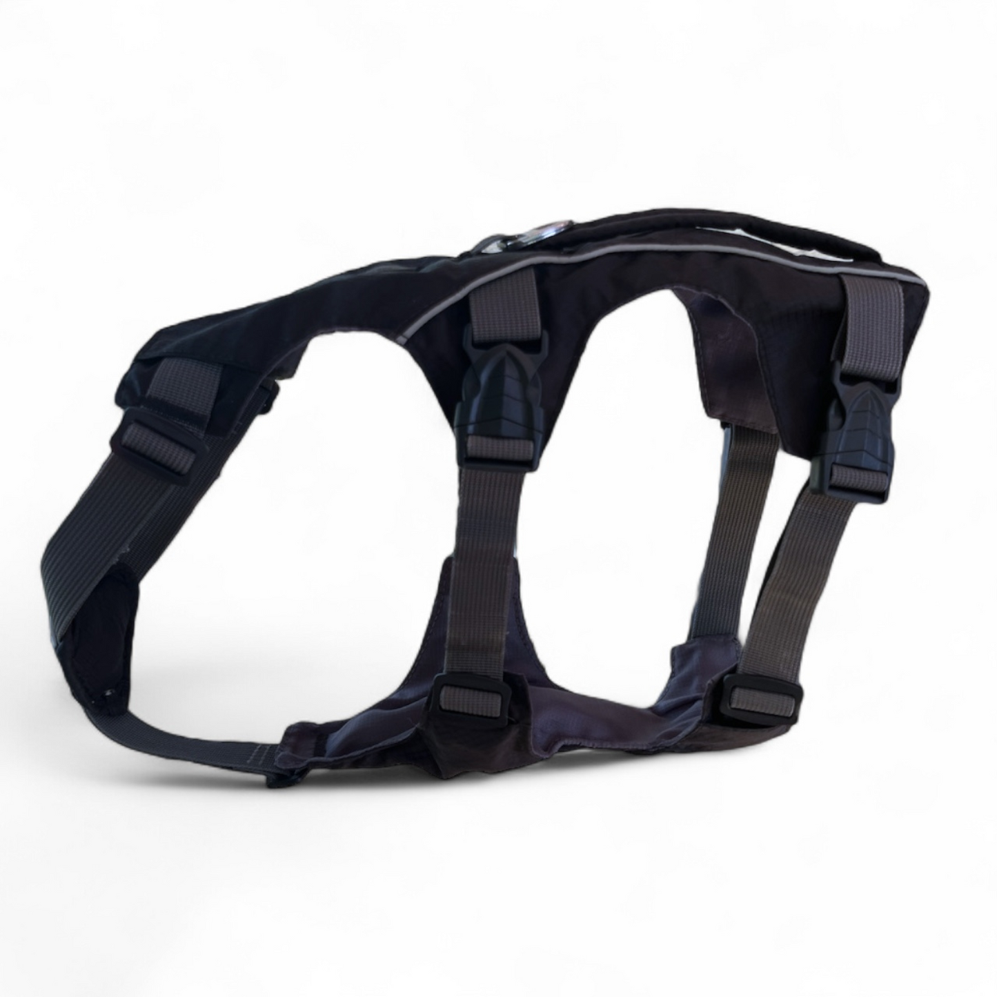 Vue studio du harnais Trekka noir OrkaDog avec structure 3 points et tissu respirant