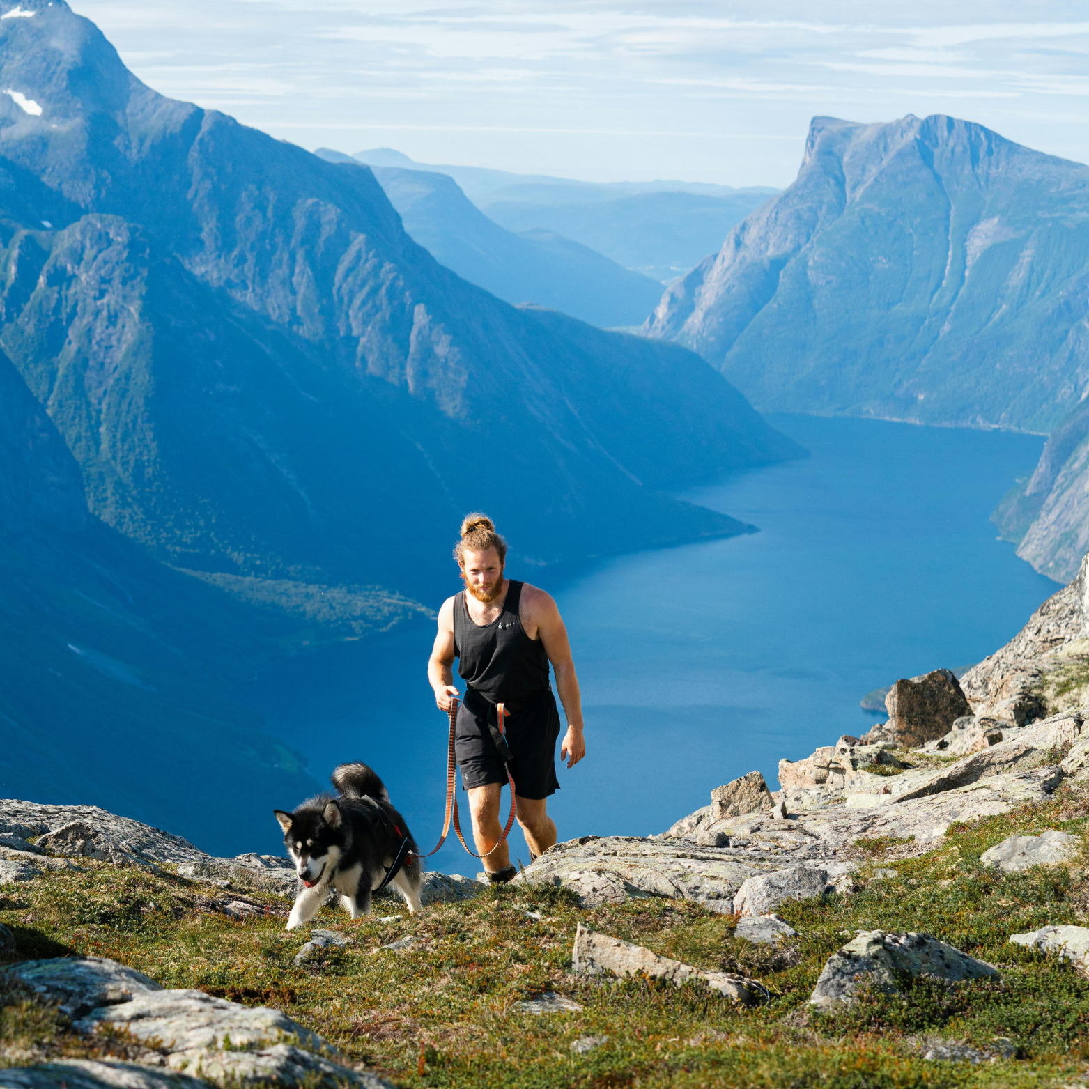 Homme et chien en randonnée intense avec vue sur lac et montagnes