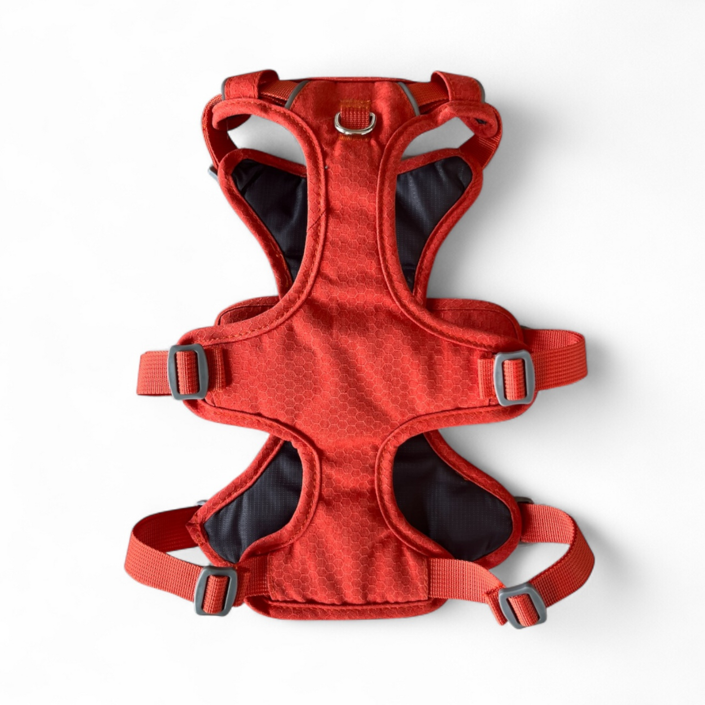 Vue du dessous du harnais Altitude OrkaDog en version orange Canyon, format compact pour chien sportif