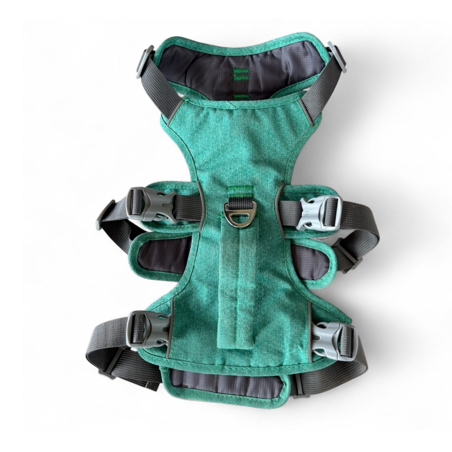 Vue de dessus du harnais Altitude OrkaDog en vert forêt, design ergonomique et structure anti-évasion