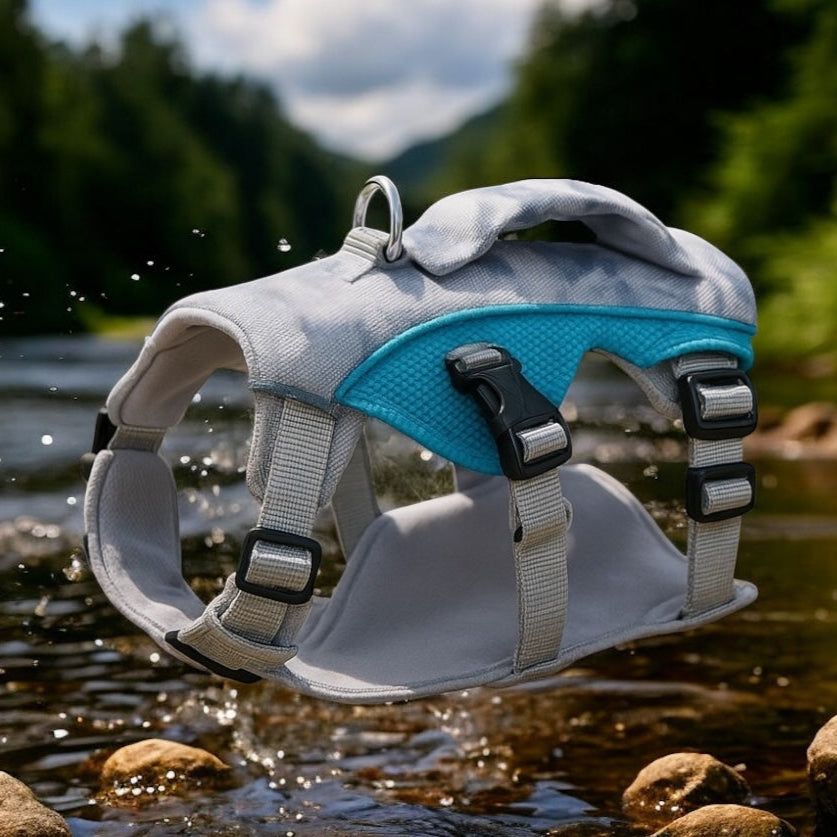 Harnais rafraîchissant OrkaDog 3 points posé sur des rochers dans une rivière en montagne