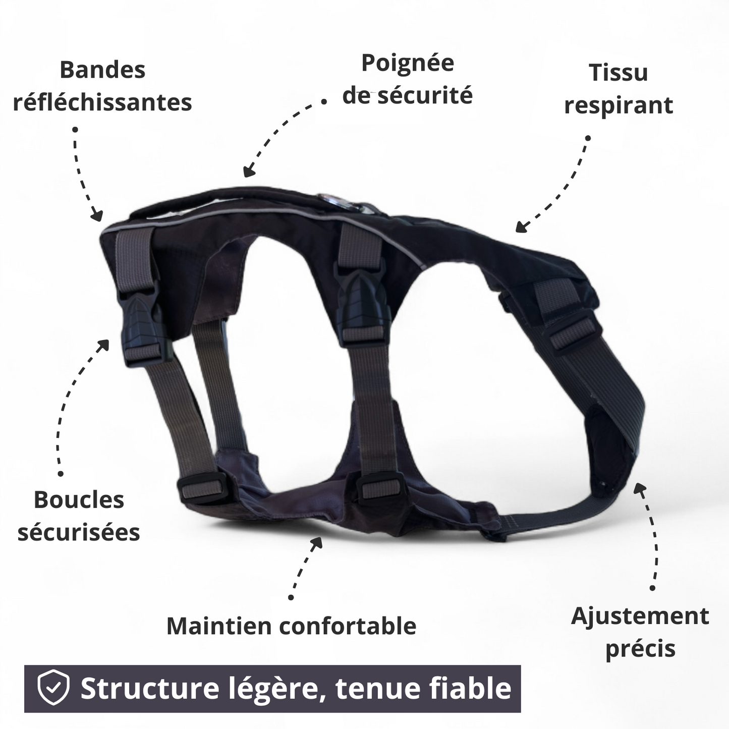 Infographie des fonctionnalités du harnais Trekka noir OrkaDog pour chiens actifs